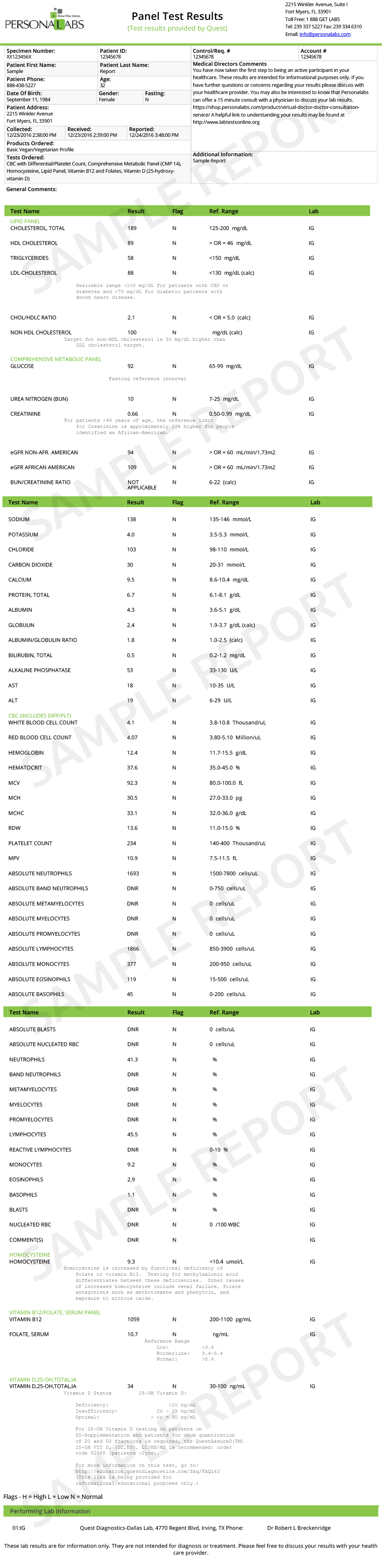 Basic Vegan/Vegetarian Panel Blood Test Personalabs
