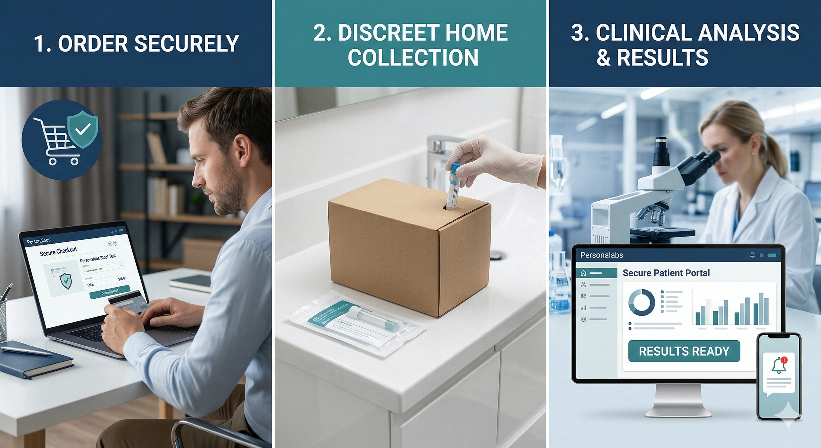 A three-step clinical infographic showing secure ordering, discreet home collection, and pathologist analysis for a stool test.