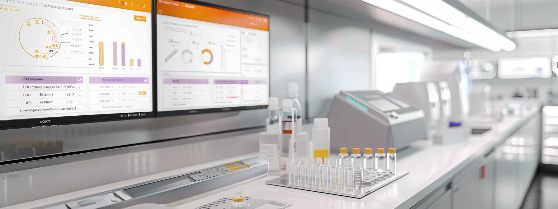 a modern clinical laboratory with sleek, high-tech equipment and a bright, sterile environment, focused on a sophisticated food allergy testing process, showcasing vials and testing instruments against a backdrop of informative charts and data displays.