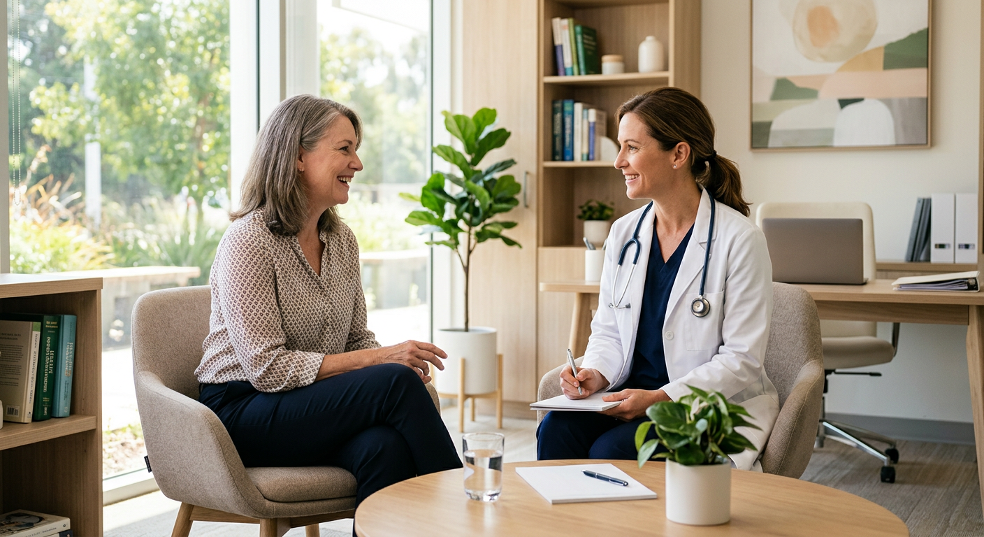 Woman discussing estradiol and menopause symptoms with her doctor